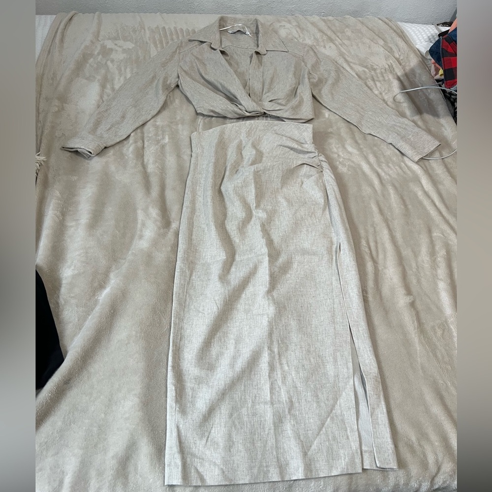 Zara Two-Piece Metallic Beige Crop Top & Skirt Set